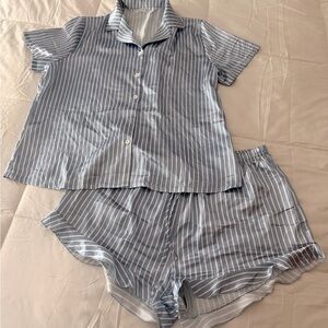 Blue and White Striped Satin Pajama Set